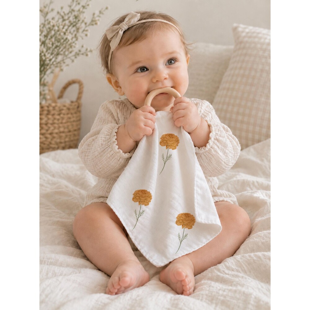 Organic Lovey With Natural Wooden Ring | Marigold Teething Blanket Baby Gift